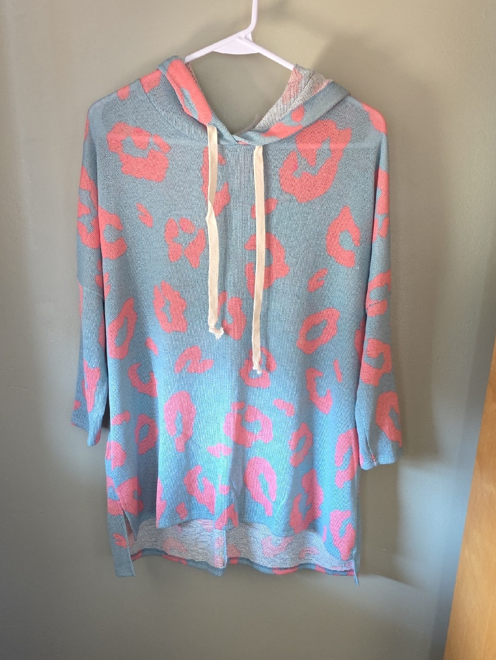 Honeyme Light Blue Hoodie with Pink Leopard Print